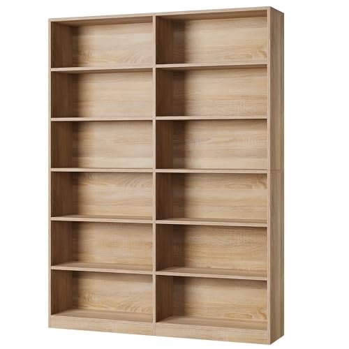 FACBOTALL 6-Tier Light Oak Double Wide Bookshelf - Stylish Freestanding Storage for Home Decor FACBOTALL