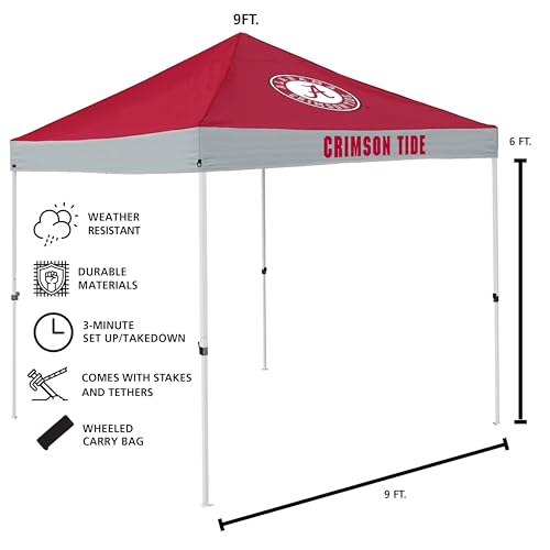 Logo Brands NCAA Alabama Crimson Tide Economy Canopy Tailgate Tent (9' x 9') – Powder-Coated Steel Frame, Water-Resistant Polyester, Team Color Design Logo Brands