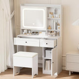 Hogxp Vanity Table with Hidden Storage & LED Mirror - Includes Padded Stool, 5 Compartments, 2 Drawers & 1 Storage Cabinet - Ideal Bedroom Makeup Dressing Table White Hogxp