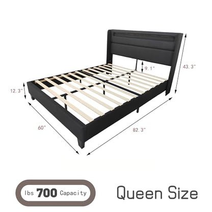 Queen Size Upholstered Bed Frame with LED Lights - alazyhome Black Platform Bed with Wooden Slats and Noise-Free Design - WoodArtSupply