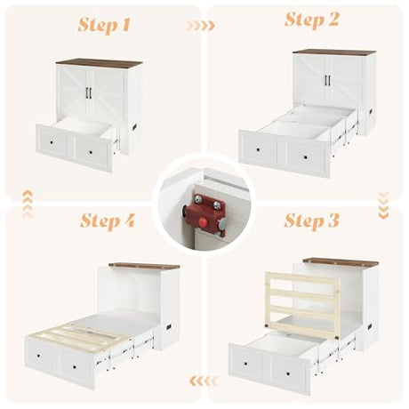 AMERLIFE Twin Murphy Bed Cabinet with Charging Station and Storage Drawer, Farmhouse Foldable Platform Bed for Home Office, Apartment, Small Spaces, Distressed White AMERLIFE