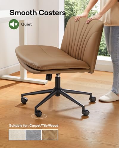 Marsail Armless-Office Desk Chair with Wheels: PU Leather Cross Legged Wide Chair,Comfortable Adjustable Swivel Computer Task Chairs for Home,Office,Make Up,Small Space,Bed Room, Brown Marsail