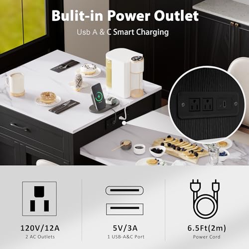 Merax 82.7" Kitchen Island with Extendable Dining Table for 4-6, Rolling Mobile Center Islands with Storage, Charging Station, 2 Drawers 2 Side Open Shelves, Black Merax