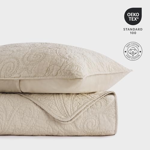 EVERGRACE 100% Cotton Paisley Quilt Set, King Size 3 Piece Set – Prewashed Lightweight Bedspread with 2 Shams, Soft & Breathable Matelasse Coverlet for All-Season Comfort, Flax Beige EVERGRACEHOME