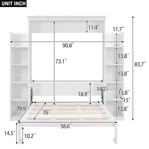 Harper & Bright Designs Full Size Murphy Bed, Wooden Full Murphy Wall Bed with Shelves and LED Lights, White Harper & Bright Designs
