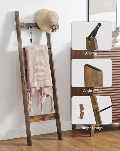 Hzuaneri Blanket Ladder Shelf for Living Room, Decorative Wood Quilt Rack with 4 Removable Hooks, 5-Tier Farmhouse Ladder Holder Organizer for Bedroom, Rustic Brown 02101BBR - WoodArtSupply