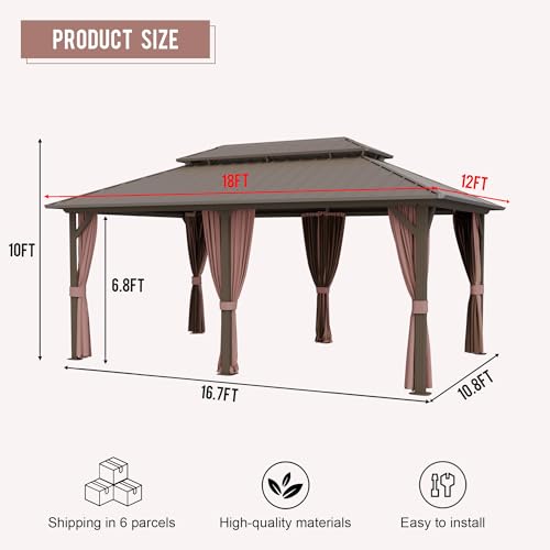 Yokayoay 12' x 18' Hardtop Gazebo, Aluminum Metal Permanent Outdoor Gazebo with Netting and Curtains for Patio, Deck, Backyard, Lawn, Garden - WoodArtSupply