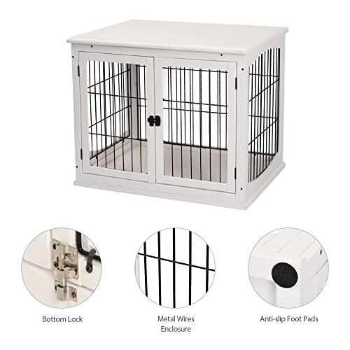 PawHut Dog Crate Furniture, Small Dog Cage End Table with Two Opening Sides, Lockable Door, Puppy Kennel Indoor, Cute and Decorative, Pure White PawHut