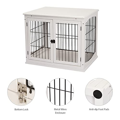 PawHut Dog Crate Furniture, Small Dog Cage End Table with Two Opening Sides, Lockable Door, Puppy Kennel Indoor, Cute and Decorative, Pure White - WoodArtSupply