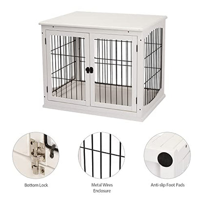 PawHut Dog Crate Furniture, Small Dog Cage End Table with Two Opening Sides, Lockable Door, Puppy Kennel Indoor, Cute and Decorative, Pure White - WoodArtSupply