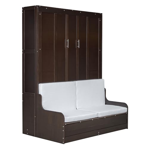 YOPTO Murphy Bed Cabinet Queen Size with Cushion,Folding Wall Bed Frame W/Sofa Chair and Wood Slat Support,Space-Saving Hidden Platform Bed for Bedroom,Guest Room,Home,Office,Espresso YOPTO