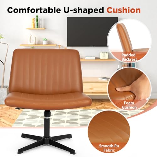 PayLessHere | Criss Cross Chair | Brown | Wide, Armless Desk Chair Without Wheels | 360 Swivel, Height Adjustable & Stable Metal Base | for Office, Home Office, Vanity Seating PayLessHere