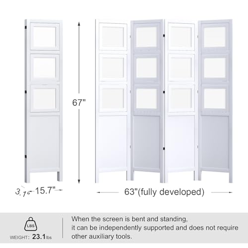 4 Panel Photo Room Divider Freestanding Folding Privacy Screen and Decorative with 16 Frames for Home Office (White) Svimi