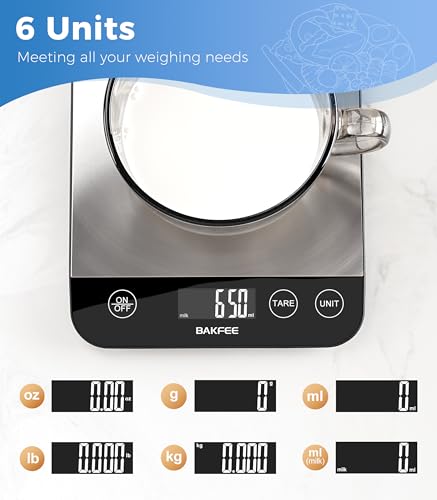 BakFee Food Scale, 33lb Rechargeable Kitchen Scale with Stainless Steel, Grams and Ounces, USB Charging, 1g High Accuracy for Baking, Cooking & Food Prep, Black, BK806