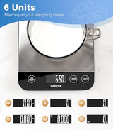 BakFee Food Scale, 33lb Rechargeable Kitchen Scale with Stainless Steel, Grams and Ounces, USB Charging, 1g High Accuracy for Baking, Cooking & Food Prep, Black, BK806