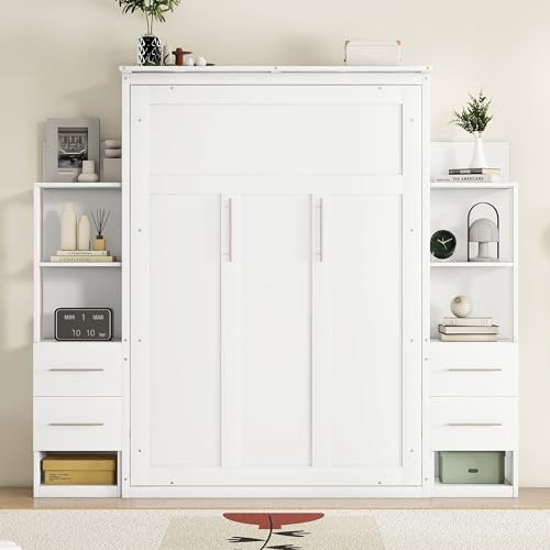 Merax Full Size Murphy Bed with 4 Storage Drawers, Wall Murphy Bed Full with Shelves and LED Lights, No Box Spring Needed, White Merax