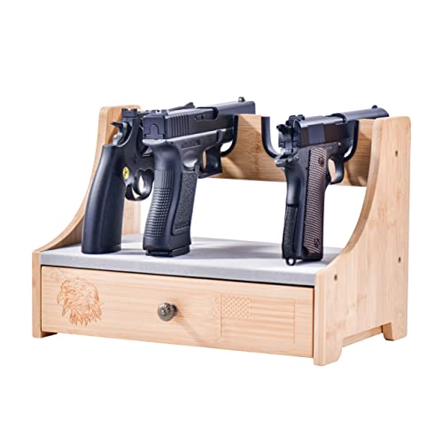 Pistol Rack with Drawer,4-Slot Luxury solid wood bamboo Handgun Display Holder Stand, Upgraded felt cloth to prevent abrasion - WoodArtSupply