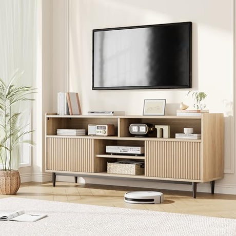 GAOMON Fluted TV Stand for 70 inch, Modern Entertainment Center with Storage and Sliding Doors, Wood Media Console Cabinet Furniture TV Console Table for Living Room Bedroom, Natural Oak GAOMON