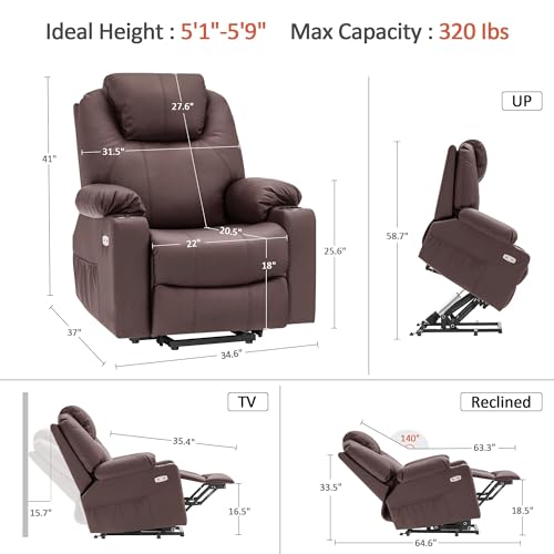 MCombo Electric Power Lift Recliner Chair Sofa with Massage and Heat for Elderly, 3 Positions, 2 Side Pockets, and Cup Holders, USB Ports, Faux Leather 7040 (Light Brown, Medium) MCombo