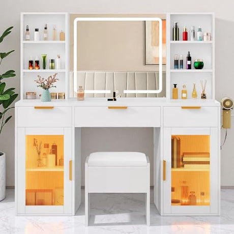 DWVO 56.3" Makeup Vanity with LED Lighted Mirror, Large Vanity Desk with RGB Glass Cabinets, Open Shelving, Built-in Power Strip & Cushioned Stool DWVO