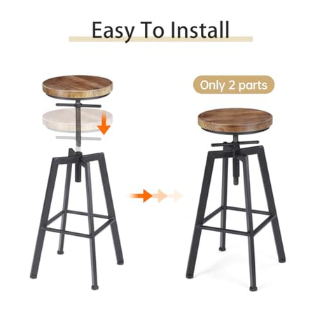 VILAVITA Vintage Adjustable Bar Stools Set of 2, Height Ranges from 24.8 to 30.8 inch, Natural Wood Seat and Heavy Metal Frame Rustic Industrial Swivel Bar Stools VILAVITA