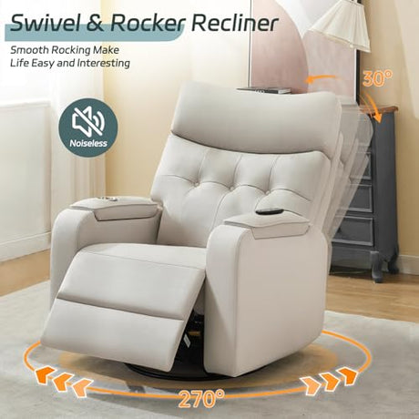 AEMEIOS Power Swivel Rocking Recliner with Massage & Heat, PU Leather Rocker Reclining with Type-C Port & Timing, Oversized Swivel Glider Recliner with Dual Storage Arms & Cup Holder, Light Grey AEMEIOS