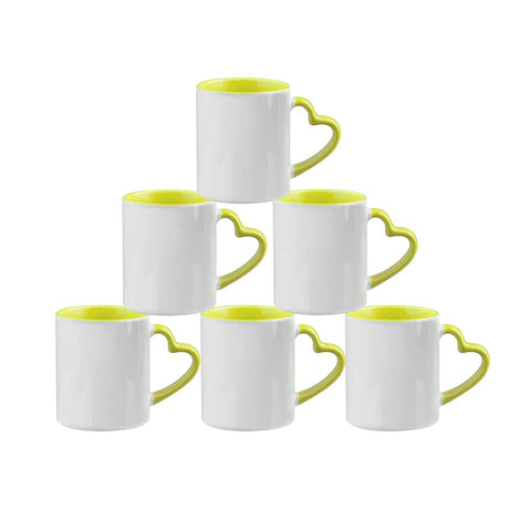 MR.R Sublimation Blank Dishwasher Ceramic Mug,Blank Coated Cup,Sublimation Blank Mugs,Classic Cup with Yellow Color Inner Mug and Heart Handle,11oz,Set of 6 MR.R