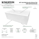 Aqua Eden VTAM6032L21TS 60-Inch Acrylic 2-Wall Corner Alcove Tub with Left Hand Drain, White Kingston Brass
