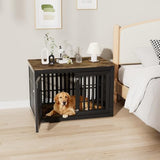 HMHTCT 48 Inch Heavy-Duty Dog Crate Furniture, Decorative Wooden End Table Kennel with Waterproof Top & Wide Metal Tubes, for Large & Extra Large Dogs, Black + Rustic Brown HMHTCT