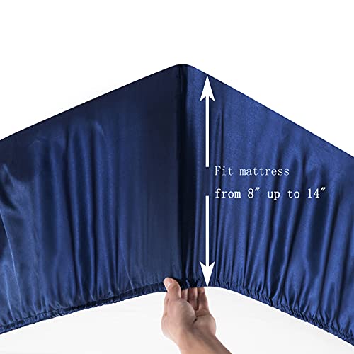 Satin Fitted Sheet, Full Fitted Sheet Only, 1 - Piece Ultra Soft Deep Pocket Single Silk Bottom Bed Sheet Full - Navy Blue Luxbedding