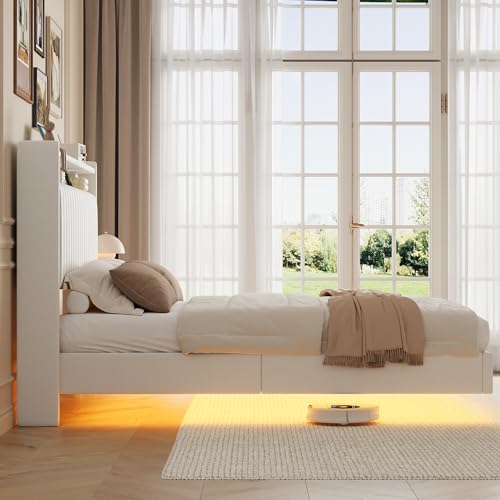 GarveeHome Queen Floating Bed Frame with RGB LED Lights & Charging Station, Upholstered Platform Bed Frame wth Storage Headboard, 50" Tall Headboard Bed Frame Queen Size No Box Spring Needed, White GarveeHome