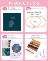 TINDTOP Embroidery Kit for Beginners Adult, Turtle Embroidery Practice Kit for Beginners Include Embroidery Cloth Hoops Threads for Craft Lover Hand Stitch with Embroidery Skill Techniques