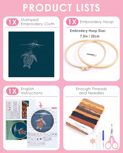TINDTOP Embroidery Kit for Beginners Adult, Turtle Embroidery Practice Kit for Beginners Include Embroidery Cloth Hoops Threads for Craft Lover Hand Stitch with Embroidery Skill Techniques TINDTOP