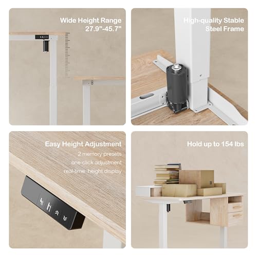 ModernMate Standing Desk with 4 Drawers, 47.2 x 23.6 Inch Whole Piece Height Adjustable Electric Sit Stand Desk, Computer Home Office Workstation with Open Storage Shelf, Light Walnut ModernMate