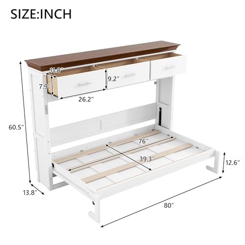 LUMISOL Twin Size Murphy Bed, Wood Wall Bed Frame with 3 Storage Drawers, Folding Cabinet Bed Frame for Home Office, Guest Room, Small Space, White LUMISOL