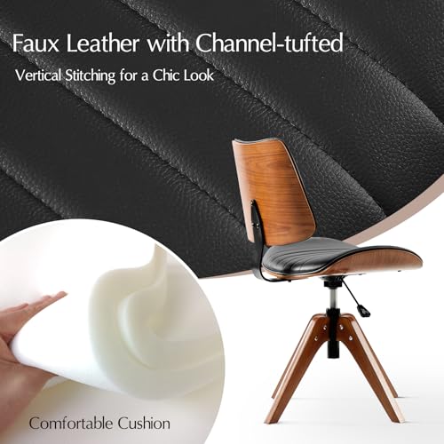 HULALA HOME Faux Leather Home Office Chair with Solid Wood Legs, 360° Swivel Desk Chair No Wheels with Bentwood Design, Mid-Century Modern Wide Seat Computer Task Chair, Black HULALA HOME
