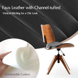 HULALA HOME Faux Leather Home Office Chair with Solid Wood Legs, 360° Swivel Desk Chair No Wheels with Bentwood Design, Mid-Century Modern Wide Seat Computer Task Chair, Black HULALA HOME