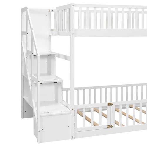 SOFTSEA Twin Over Twin Floor Bunk Bed with Storage Stairs, Solid Wood Low Bunk Bed Frame with Door & Guardrails, Space-Saving Stairway Bunk Beds for Kids Teens & Adults, White SOFTSEA