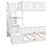 SOFTSEA Twin Over Twin Floor Bunk Bed with Storage Stairs, Solid Wood Low Bunk Bed Frame with Door & Guardrails, Space-Saving Stairway Bunk Beds for Kids Teens & Adults, White SOFTSEA