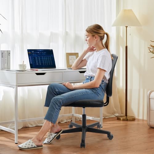 CLATINA Armless Home Office Chair, Small PU Leather Ergonomic Low Back Desk Chair with Lumbar Support and Wheels, Adjustable Height 360° Swivel Rolling Computer Task Chair, Black CLATINA