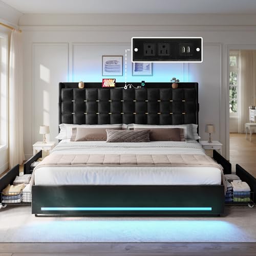 YITAHOME King Size Bed Frame with 4 Drawers and RGB LED Lights, Velvet Upholstered Platform Bed with Charging Station and Storage Headboard, No Box Spring Needed, Easy Assembly, Noise-Free, Black YITAHOME