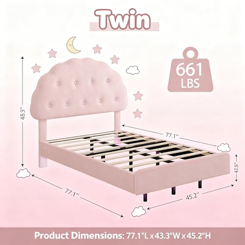 Lynxor Teddy Velvet Twin Size Bed Frame with LED Lights, Cookie Floating Platform Bed Frame, Adjustable Headboard and Elevated Footboard, Noise Free,Princess Room Upholstered Bed Frame, (Pink) Lynxor