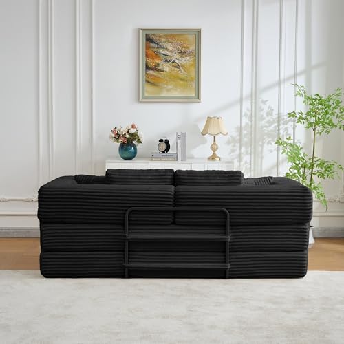 79.5" Folding Convertible Sofa Bed with Side Storage Pockets, 4-in-1 Corduroy Boneless Couch, No Assembly Loveseat Sleeper, Floor Sofa Daybed Futon Couch for Living Room Bedroom Lounge, Black Upgraded Asucoora