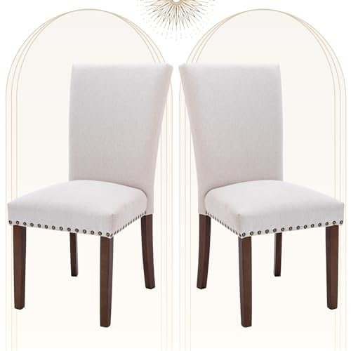 COLAMY Upholstered Parsons Dining Chairs Set of 2, Fabric Dining Room Kitchen Side Chair with Nailhead Trim and Wood Legs - Beige COLAMY