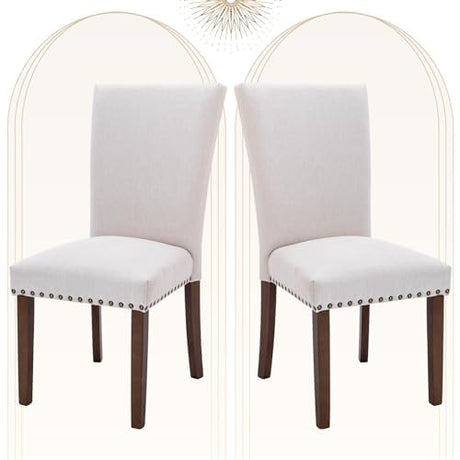 COLAMY Upholstered Parsons Dining Chairs Set of 2, Fabric Dining Room Kitchen Side Chair with Nailhead Trim and Wood Legs - Beige COLAMY