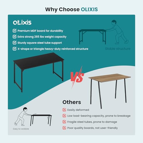 OLIXIS Computer Office Desk, 63 Inch Writing Work Study PC Wood Modern Desk with Storage Bag & Headphone Hook Simple Bedroom for 2 Person Kids Student Table, Black OLIXIS