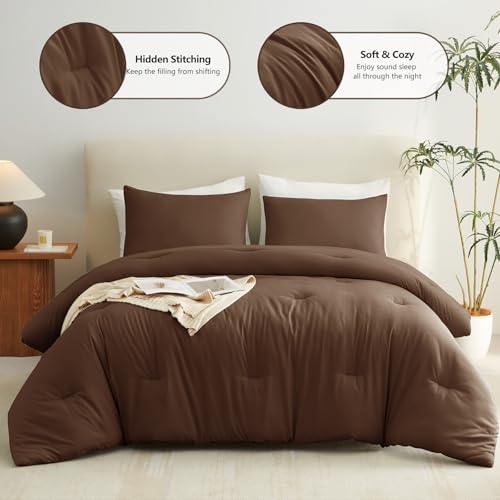 CozyLux Full Size Comforter Set Brown, 3 Pieces Solid Breathable Quilted Style Bedding Sets, Luxury Fluffy Soft Bed Set with Down Alternative Comforter for All Season (1 Comforter & 2 Pillowcases) CozyLux