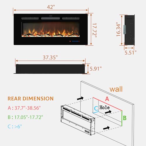 Kentsky 42 inches Electric Fireplace Inserts, Recessed and Wall Mounted Fireplace Heater, Linear Fireplace w/Thermostat, Remote & Touch Screen, Multicolor Flame, Timer, Logs & Crystal, 750W/1500W Kentsky