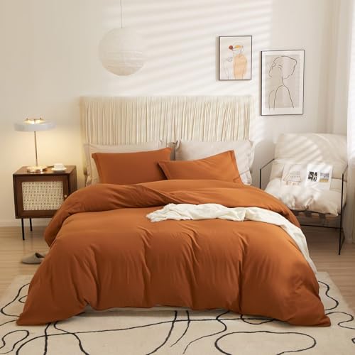 AZMTOP Washed Duvet Cover 3 Pcs(1 Duvet Cover with 2 Pillowcases) Full Size,All Season Use Soft Breathable Comforter Covers Simple Solid Style,Kid Adult Bedding Set Terrocotta 80"X90" AMZTOP