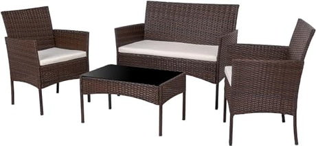 Shintenchi 4 Piece Outdoor Patio Furniture Sets, Small Wicker Patio Conversation Furniture Rattan Chair Set with Tempered Glass Coffee Table for Backyard Porch Garden Poolside Balcony Shintenchi